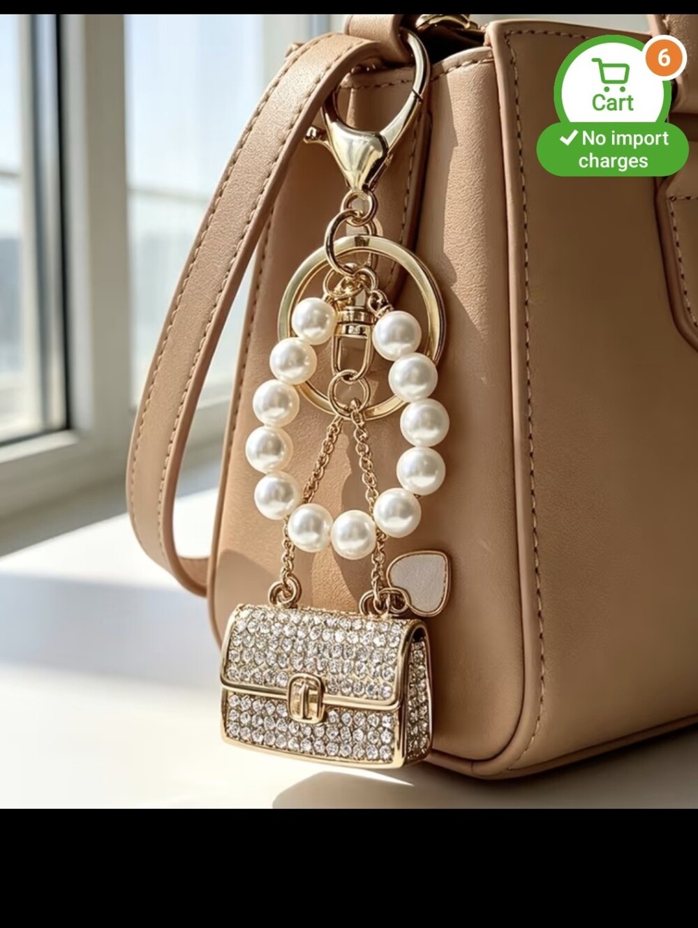 Gold Tone Faux Pearl & Rhinestone Purse Charm Keychain New
